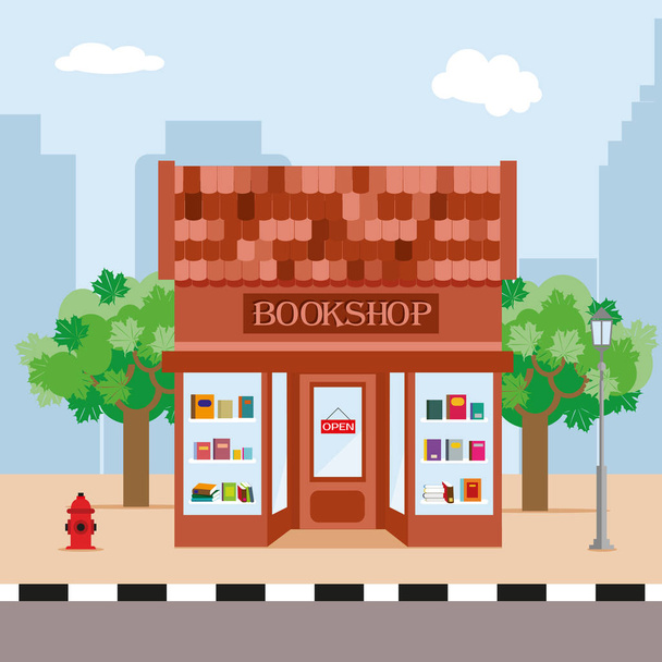 Книжный магазин и деревья на фоне города. Иллюстрация в плоском стиле. "Вектор", S10
. - Вектор,изображение