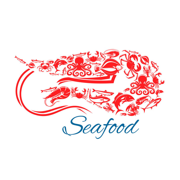 Seafood poster or symbol in shape of shrimp - Vector, Image