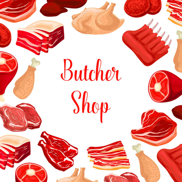 Butcher shop, butchery meat products vector poster - Vector, Image