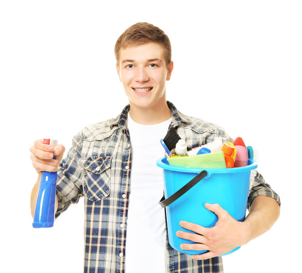  man holding bucket with cleaning equipment - Φωτογραφία, εικόνα