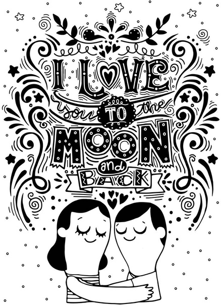 Kocham Cię na księżyc i z powrotem. Ręcznie rysowane plakat z romant - Wektor, obraz