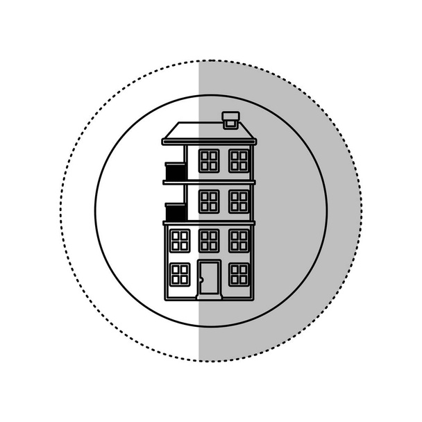 stupně šedi silueta s nálepkou střední stín v kruhu s byt s několika pater - Vektor, obrázek