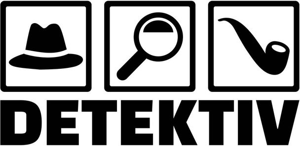 Detective icons with german word. Hat, magnifying glass, pipe. - Vector, Image