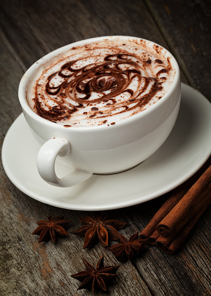 šálek kávy a fazole, skořicové tyčinky, ořechy a čokoláda na woo - Fotografie, Obrázek