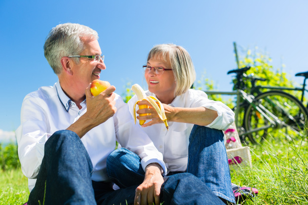 Senior couple eating and drinking at picnic in summer - Photo, Image