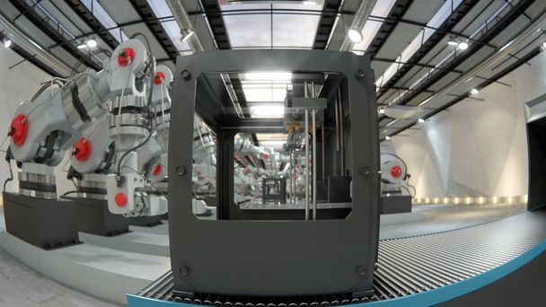 Stampante 3D per assemblaggio braccio robotico su nastro trasportatore illustrazione 3d
 - Foto, immagini