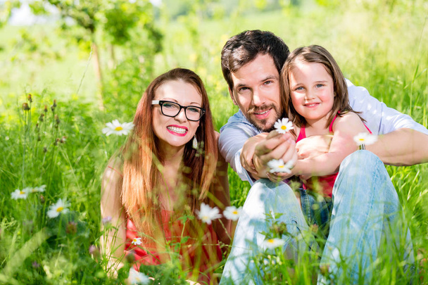 Family sitting on meadow giving their kid protection - Photo, Image