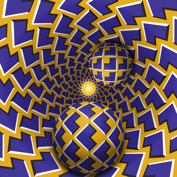 Optical illusion illustration. Two balls are moving in mottled hole. Blue corners on yellow pattern objects. Abstract fantasy in a surreal style. - Vector, Image