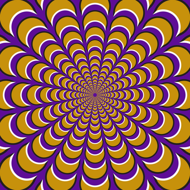 Fondo de ilusión de movimiento óptico. Los semilunas amarillos vuelan separados circularmente desde el centro sobre fondo púrpura
. - Vector, Imagen