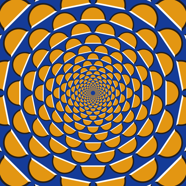 Optical motion illusion background. Orange crescents fly apart circularly from the center on blue background. - Vector, Image
