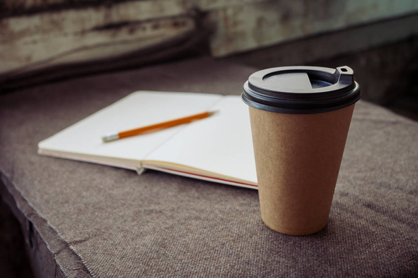 Pencil, notebook and paper coffee cup - Φωτογραφία, εικόνα