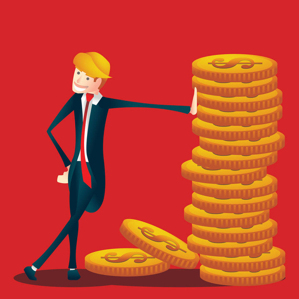 hombre de negocios apoyado detrás de una moneda. concepto de dibujos animados de negocios
 - Vector, imagen