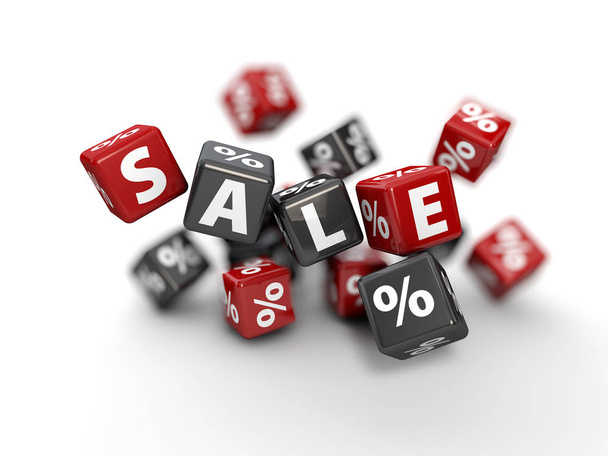 3D obrázek. Šablona návrhu pro dovolenou prodejních akcích. červené a šedé kostky s procent a slovo prodej. blured pozadí - Fotografie, Obrázek