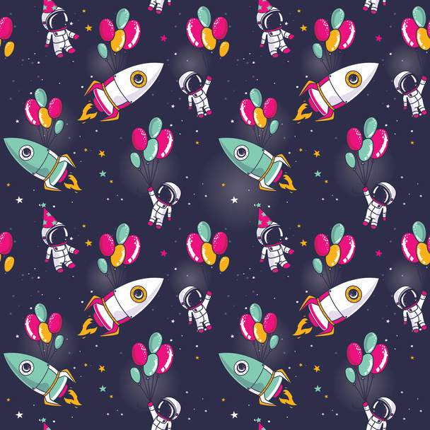 astronauts, rocket with balloons on seamless starry background - Vettoriali, immagini