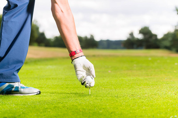 Hombre poniendo pelota de golf en tee
 - Foto, Imagen