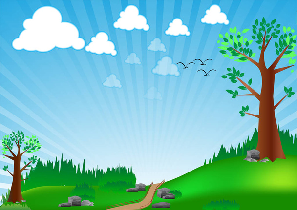  Ilustración vectorial verde paisaje prado con árboles rocas cielo y nubes
 - Vector, Imagen