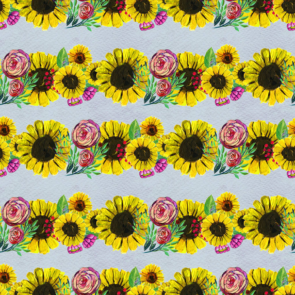 Seamless pattern with sunflowers and roses - Zdjęcie, obraz