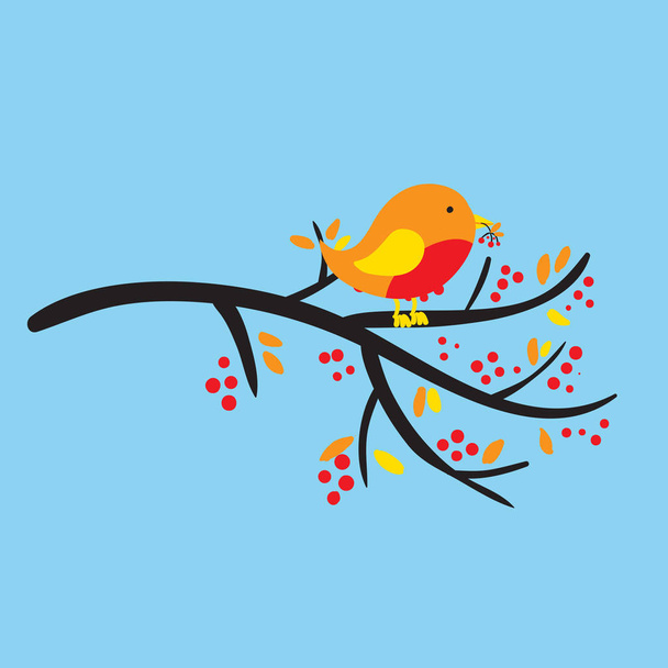 Vogel auf einem Zweig mit Beeren und Blättern - Vektor, Bild