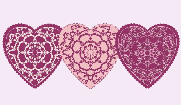 Decorative Valentine greeting card with floral ornate hearts. Vector illustration EPS 10. - Vector, Imagen