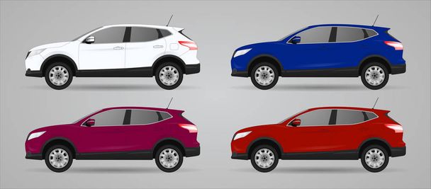 異なる色の車、現実的な車のモデルのセット - ベクター画像