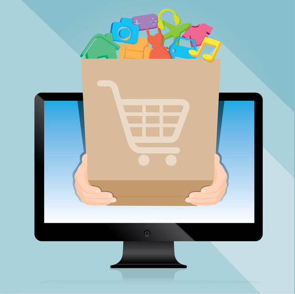 Messenger sent a brown paper bags online shopping, e-commerce concept vector - ベクター画像