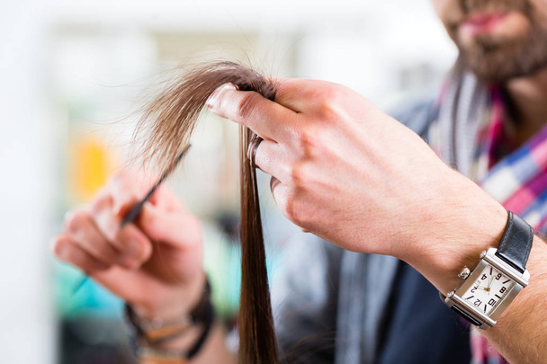 Male hairdresser cutting woman hair - Фото, изображение