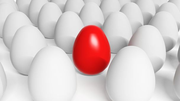 Huevo de Pascua rojo entre huevos blancos
 - Foto, Imagen