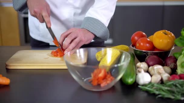 kuchař Příprava zeleninový salát, vegetariánské jídlo - Záběry, video