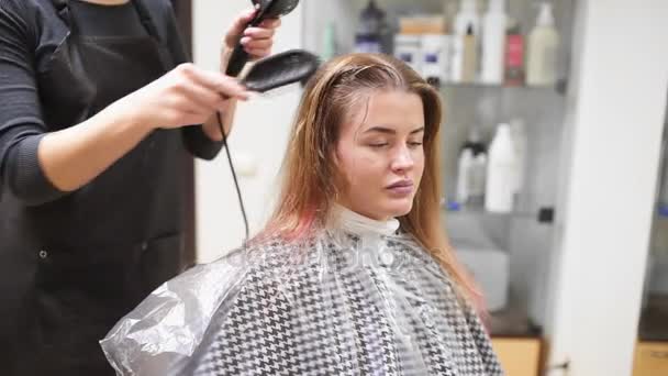 Kadeřník schne ženách vlasy po umytí, žena dělá nový účes v studio krásy, zdraví a kosmetika - Záběry, video