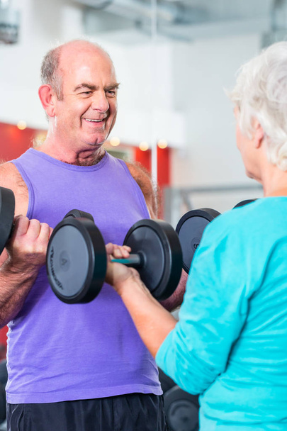 Senior couple in gym lifting dumbbells - Photo, Image