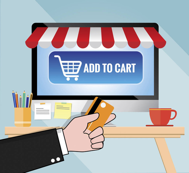 Ordinateur avec store et panier boutique en ligne, carte de crédit, vecteur concept e-commerce
 - Vecteur, image