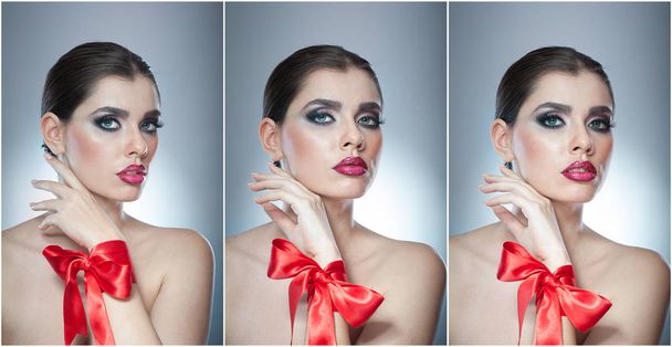 Hairstyle and Make up - beautiful female art portrait with red ribbon. Elegance. Genuine Natural brunette with ribbon - studio shot. Portrait of a attractive woman with beautiful eyes and red lips - Photo, Image