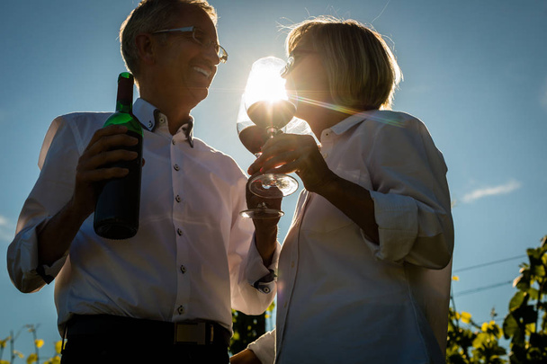 Vanhempi nainen ja mies juo viiniä viinitarhassa
 - Valokuva, kuva