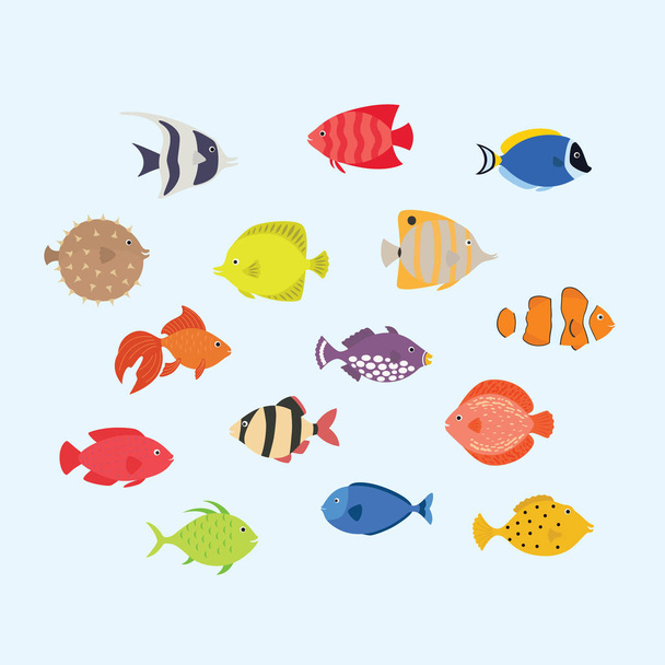 Cute fish vector illustration icons set. Tropical fish, sea fish, aquarium fish - Vector, Image