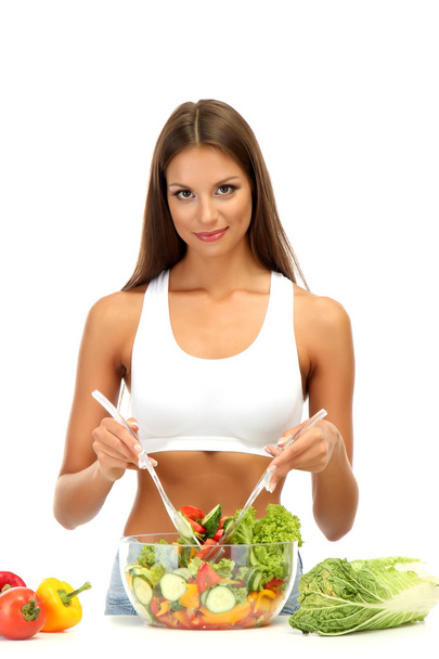 beautiful young woman with salad, isolated on white - Foto, Imagen