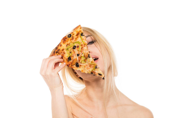 blonde woman posing with a slice of pizza - 写真・画像
