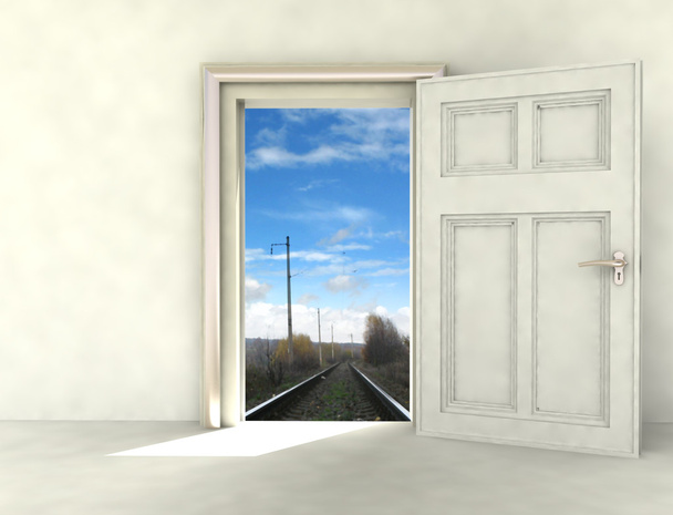 σιδηροδρομικό τρόπο από λευκό δωμάτιο φωτομοντάζ - Φωτογραφία, εικόνα