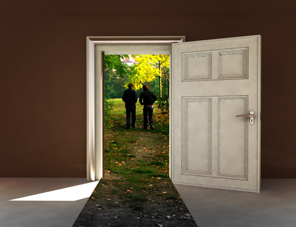 otevřené dveře do podzimní přírody od hnědé místnost ilustrace - Fotografie, Obrázek