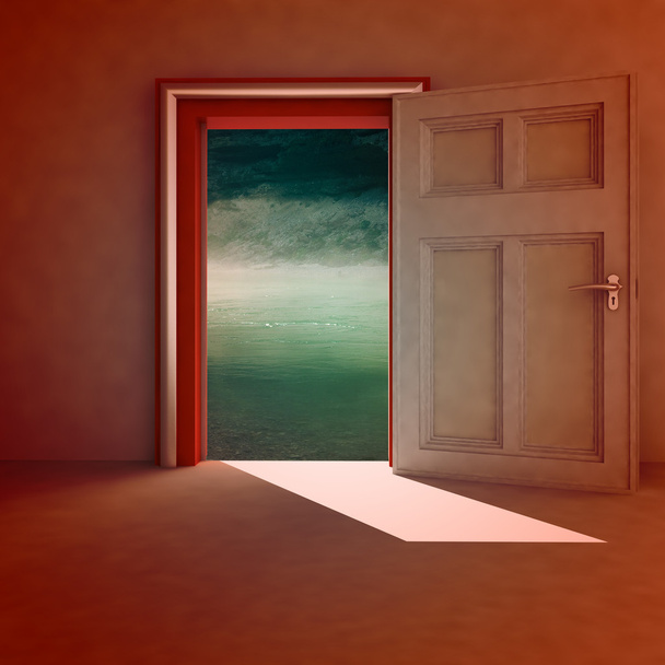 Puerta abierta al espacio natural con marco rojo e ilustración de sombras
 - Foto, Imagen