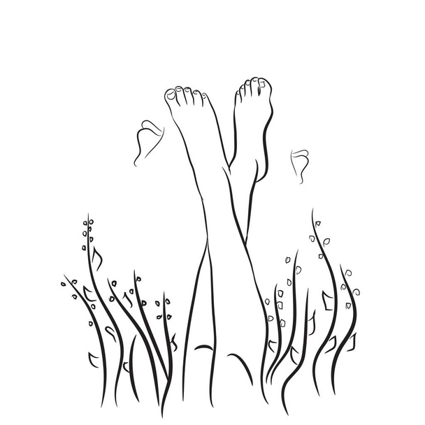Pies en la hierba, verano y mariposas. Ilustración vectorial
 - Vector, Imagen