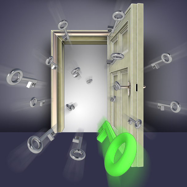 sleutels vliegen naar open deur abstract blue begrip illustratie - Foto, afbeelding