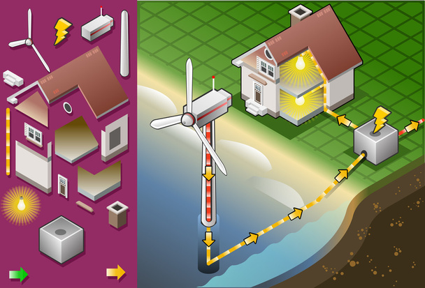 Isometric house with offshore wind turbines in production of ene - Vector, Image