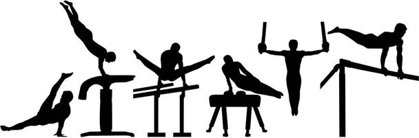 Competencia de gimnasia con seis eventos
 - Vector, imagen