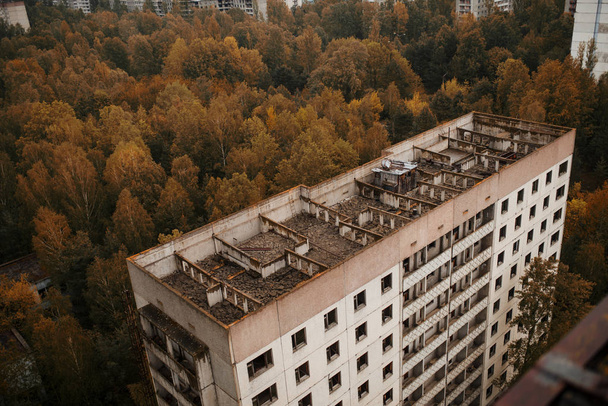 Aerial panorama view of Chernobyl exclusion zone with ruins of a - Photo, image
