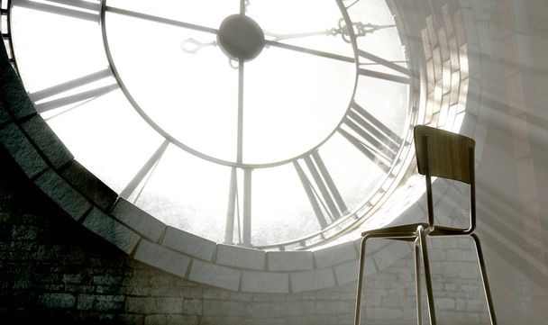 Reloj retroiluminado antiguo y silla vacía
 - Foto, Imagen
