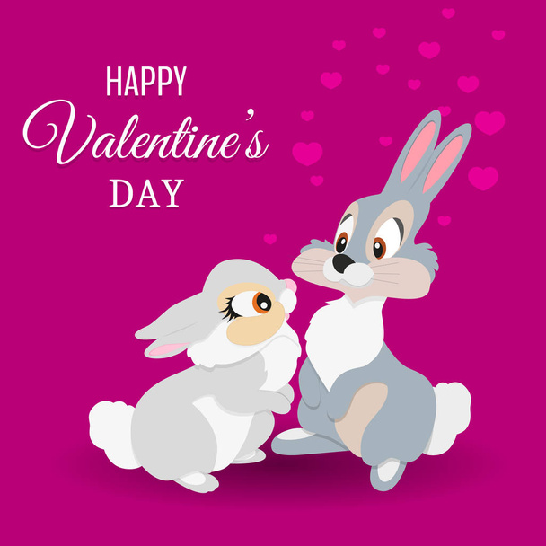 Valentine card with Lovers Rabbits. Two Cute Rabbits on a hearts background. - Wektor, obraz