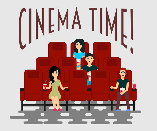 Plochý lidí sedí v kino divadlo a sledování filmu. - Vektor, obrázek