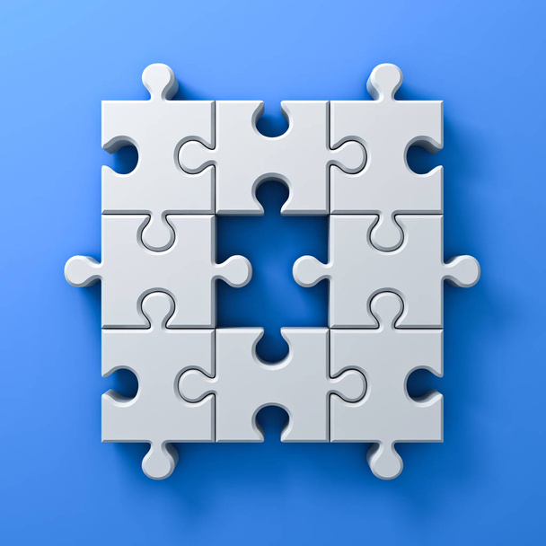 White jigsaw puzzle pieces one missing concept on blue wall background with shadow. 3D rendering - Photo, Image