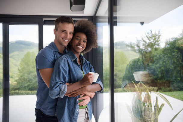 romantic happy young couple relax at modern home indoors - Photo, image