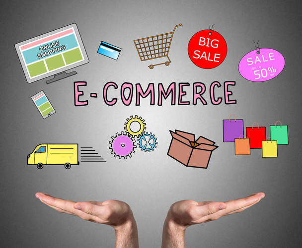 E-commerce concept ondersteund door open handen - Foto, afbeelding